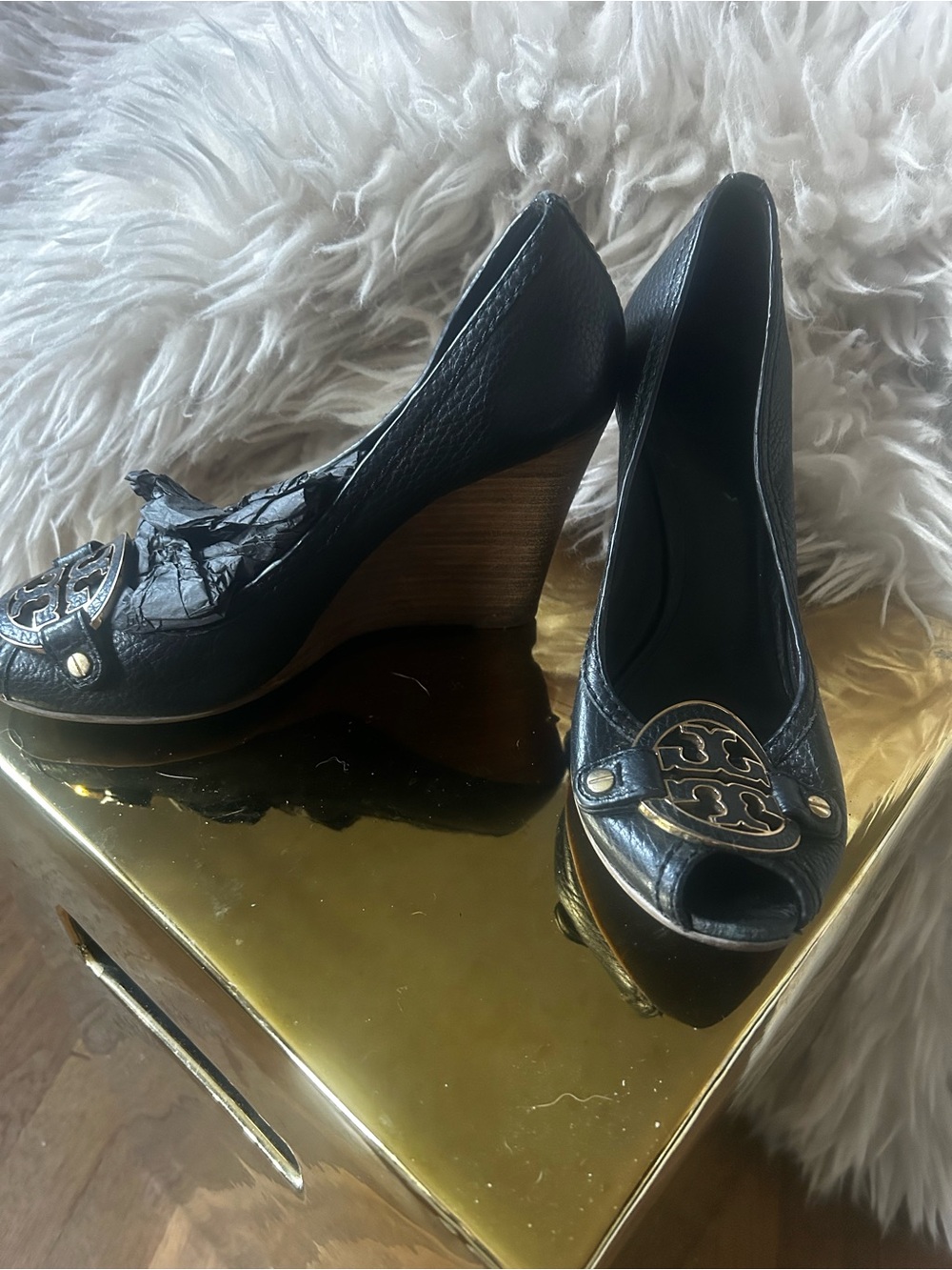 Tory Burch Black Leather Peep-Toe Wedge Pumps with Gold Logo Accent